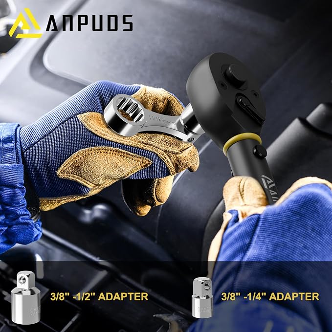 ANPUDS 12 Pcs SAE Torque Adapter Set, 5/16"-7/8", 3/8" 12-Point Extension | Cr-Mo Steel, 1/2''+1/4'' + Bit Adapter, Torque Wrench Adapter, for Engine Bay, Brake, Suspension, Motorcycle & Tight Access