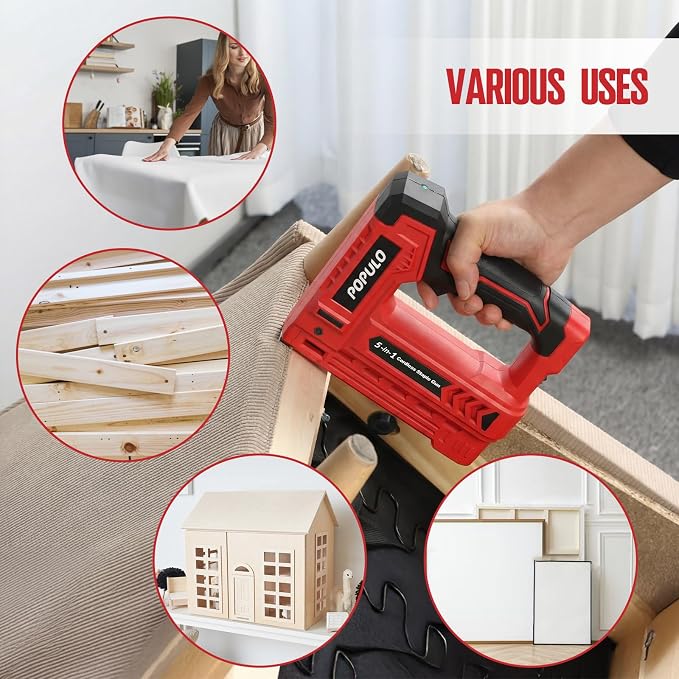 POPULO Electric Staple Gun 5 in 1 Band Nailer, 4V Rechargeable Cordless Stapler, Pin Nail Gun Battery Powered with 2,000 Staples and Nails, Power Wire Staple Gun for Home, Wood, Upholstery, DIY