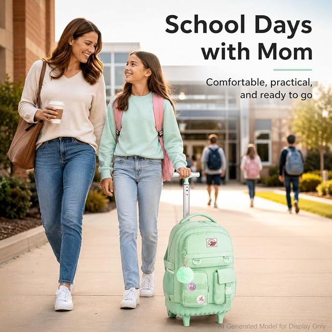 CCJPX Rolling Backpack for Girls Women, 21 inch Roller Wheels School Bookbag, Wheeled Suitcase Backpacks with Lunch Bag for Teen - Green