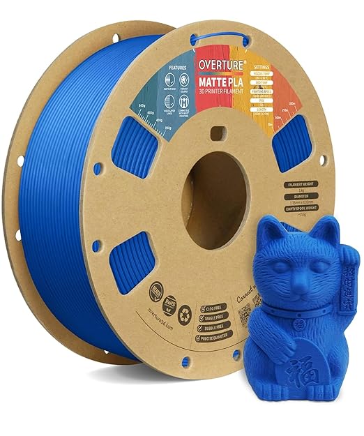 OVERTURE Matte PLA 1.75mm, Low Warp & Smooth Finish 3D Printer Filament | Frosted Matt Finish Hides Layer Lines, 1kg Spool (2.2lbs) Cardboard Spool, Fit Most FDM Printer (Matte Blue)
