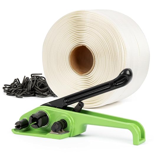 U.S. Solid Manual Banding Strapping Kit, 3/4" x 985' Woven Cord Strapping with Heavy Duty Tensioner & 200pcs Phosphated Metal Buckles, All-in-One Pallet Packaging Tool for Crating, Lumber & Cargo