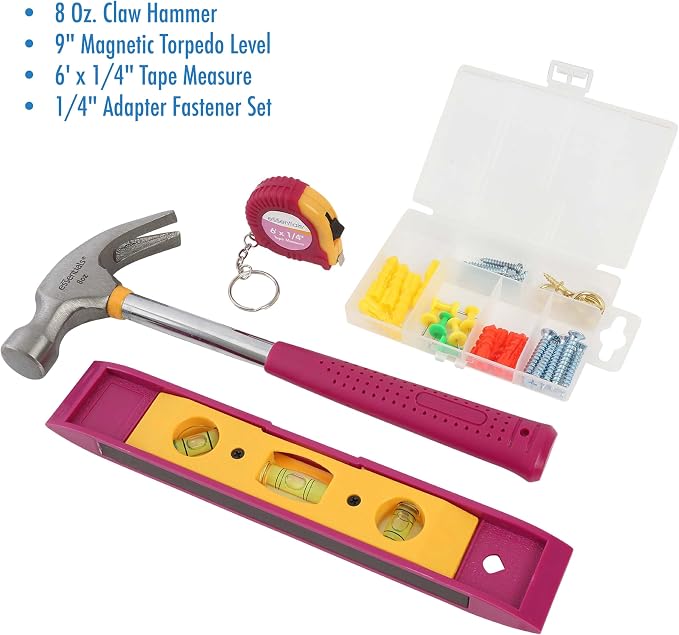 Pink Tool Set 32 Piece, Mini Tool Kit, Home Repair Tool Set with Hammer, Pliers, Adjustable Wrench, Screwdrivers, Tape Measure, Level, and Bits, Dorm Room Essentials for Girls