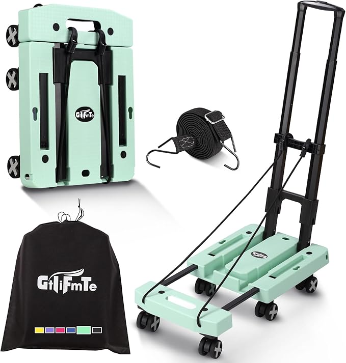 Folding Hand Truck Lightweight Hand Truck Dolly Foldable,Luggage cart with 6 Rotate Wheels, Utility Cart with Adjustable Handle,Collapsible Dolly for Moving (Green)