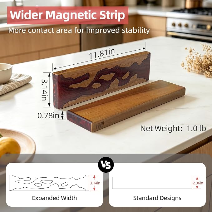 FINDKING Magnetic Knife Strip for Wall, Solid Acacia Wood with Deep Red Resin Inlay, Wall-Mounted Knife Holder with Strong Magnetic Hold, No-Drill Adhesive Mount (12 Inch)