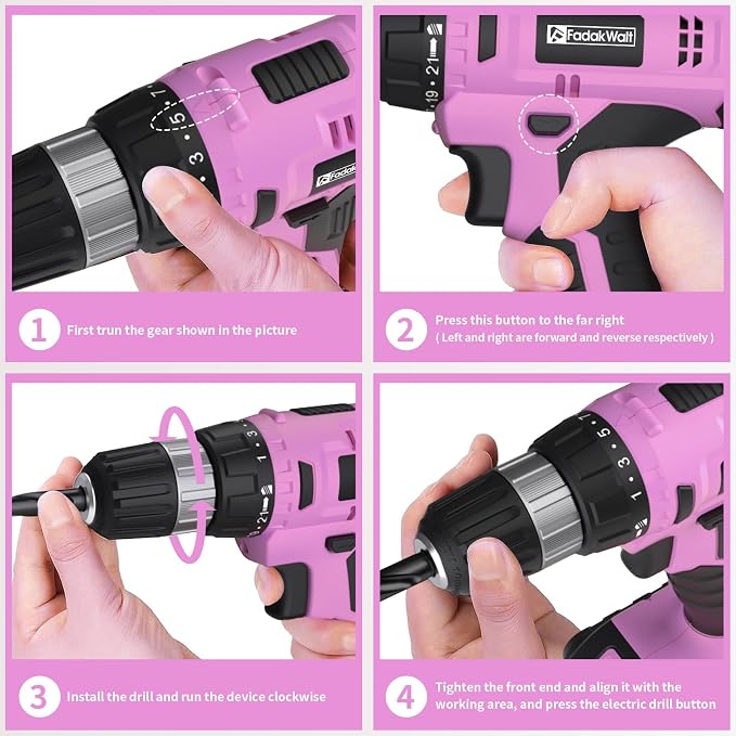 FADAKWALT 20V Cordless Drill Set with Battery, Charger & Carrying Bag, 30N Torque Power Drill/Driver Kit, 21+1 Clutch Settings, 3/8" Keyless Chuck, LED Light, Driver Bits(Pink)