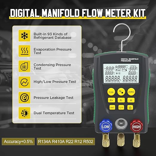 Digital HVAC Manifold Gauge Set,Refrigeration AC Gauges with Thermometer Clamps & Tricolor Hose, Dual Temp & Pressure Sensors for Vacuum & Leak Test,R134a R410a R32 R1234 Refrigerant Recharge Kit
