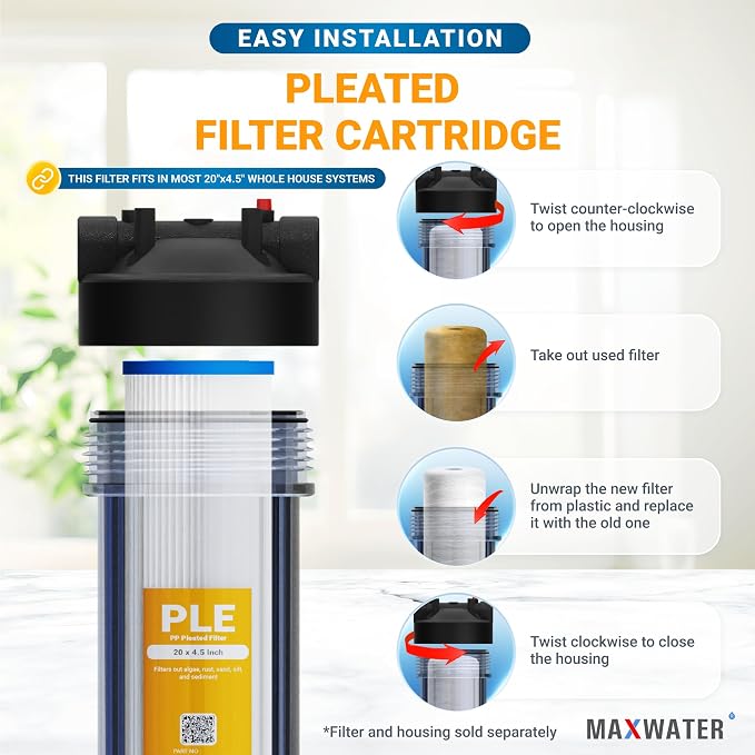 Max Water 5 Micron 20 x 4.5 Whole House Pleated Sediment Water Filter Replacement Cartridge for Well Water Filtration
