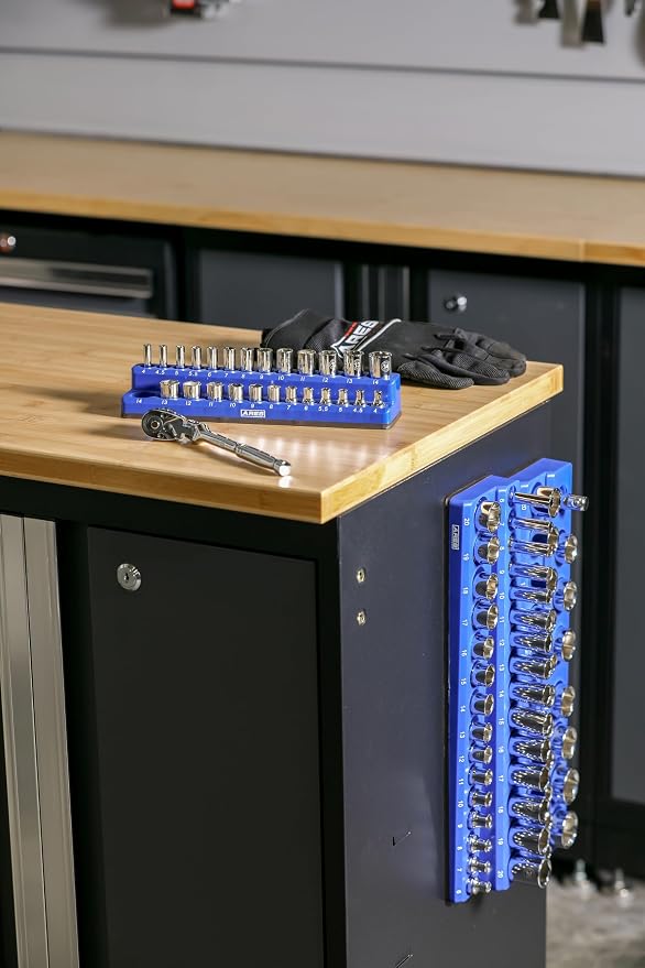 ARES 60036-3-Piece Blue Metric Magnetic Socket Organizer Set - Includes 1/4-Inch, 3/8-Inch, and 1/2-Inch Socket Holders - Holds Standard Size and Deep Size Sockets - Keeps Your Tool Box Organized