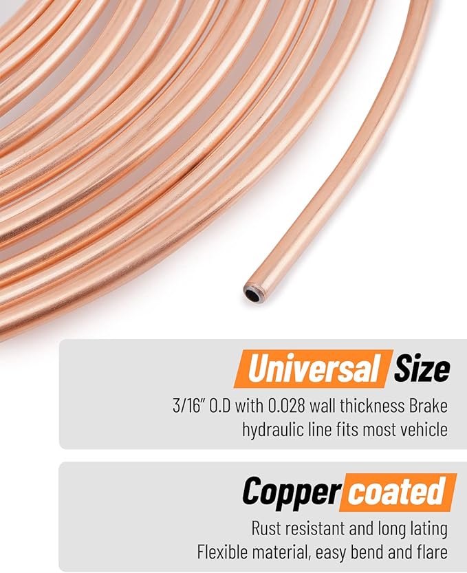 25 ft 3/16 Copper Coated Brake Line Kit (Includes 16 Fittings and 4 Unions Brake Line Fittings) + Double & Single Flaring Tool Kit