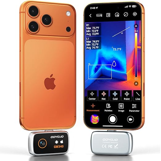 GW340 Thermal Camera for iPhone/Android/Tablet, 512x384 Super IR Resolution, Thermal Imager iOS 17/16/15 Series & iPads USB-C Port, 256x192 IR Resolution Home Inspection, HVAC, Automotive -4°F~752°F