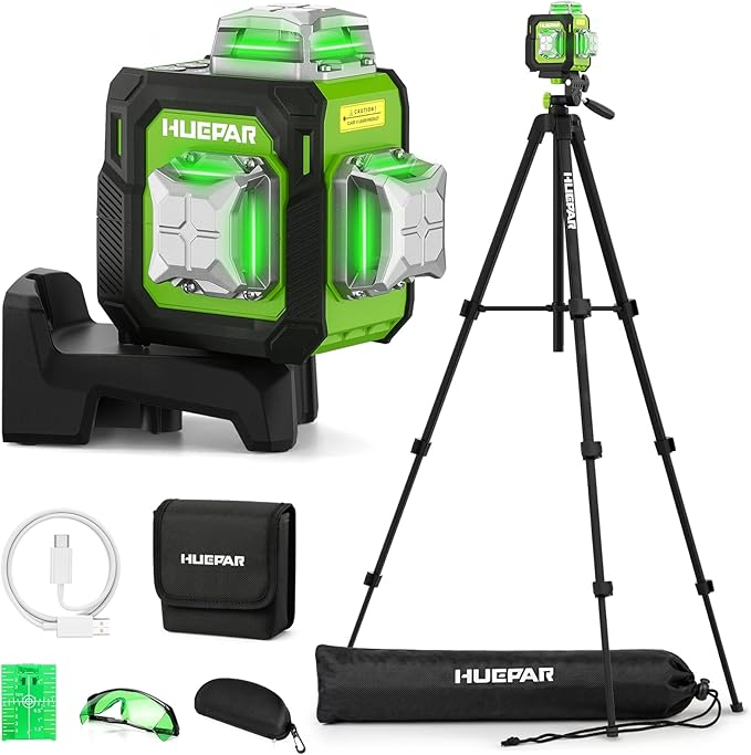 Huepar Laser Level 360° Self Leveling with 60" Tripod, New 3D, Smaller Size, Better Value, 3x360° Green Cross Line Laser Level 12 Lines, Rechargeablel Outdoor Pulse Mode, Tile, Cabinet, etc. ST03CGTP