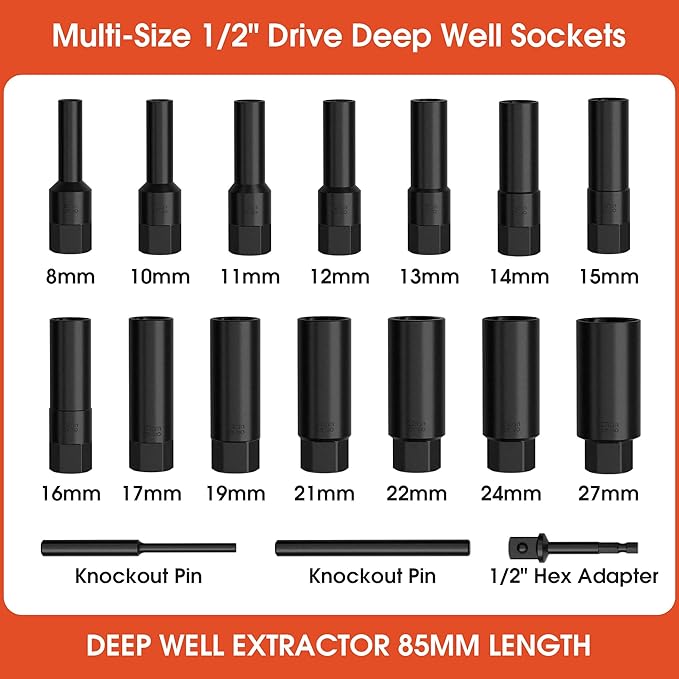 17PCS 1/2" Drive Deep Bolt Extractor Set (85mm Length), Cr-Mo Steel Spiral Socket Set for Removing Damaged, Frozen, Rusted, Stripped & Rounded-Off Bolts, Nuts & Screws