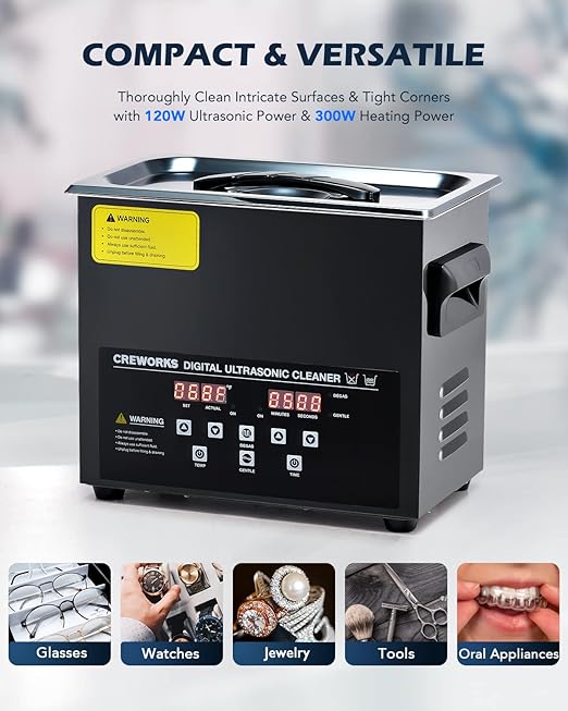 CREWORKS 3L Digital Ultrasonic Cleaning Machine with Degas and Gentle Mode, 120W Ultrasonic Cleaner Machine with Heater and Timer, 0.8 gal Ultrasound Cleaner for Retainer Watch Denture Glasses More