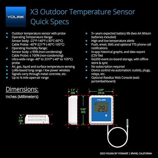 YoLink Smart X3 Version Outdoor Temperature Data Logger with Probe, Thermometer, 1/4 Mile Range, 5+ Years Battery Life, Emails, Text, App Alerts, Alexa, IFTTT. Pool, Hot Tub, Fish Tank. Hub Required!