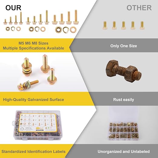 476pcs Class 8.8 Metric Flange Bolts Assortment Kit, M5, M6, M8, Metric Bolts and Nuts Assortment, Hex Bolt and Nut Washers Kit, Yellow Zinc Plated