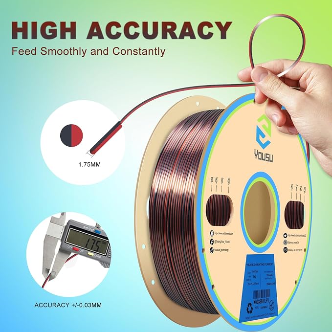 YOUSU Silk Dual Color PLA Filament, Coextrusion Filament, Multicolor 3D Printer Filament 1kg, Compatible with Most of 3D Printer, Silk Silver Copper Color Change Filament.