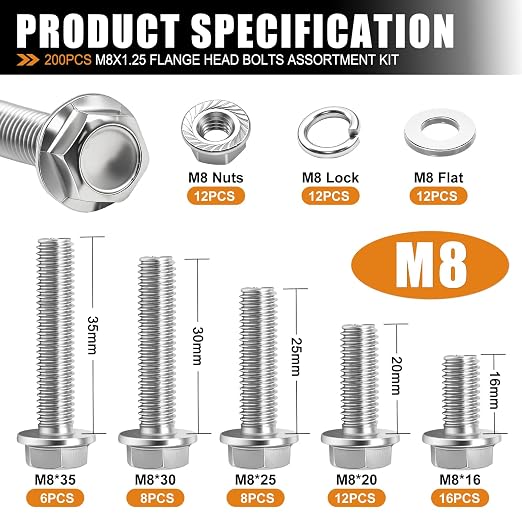 mankk 200PCS Flange Head Bolts Assortment Kit M8x1.25 Bolt (Length 16/20/25/30/35mm) Metric Bolt Stainless Steel Hex Head Bolts and Serrated Flange Nuts Kit Full Thread M8 Bolt