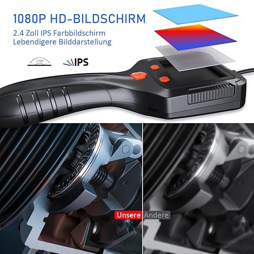 Daxiongmao Borescope Camera, 1080P HD IP67 Waterproof Endoscope with LED Light, Flexible Snake Camera for Automotive Engine, Pipe, Wall & Vent Inspection
