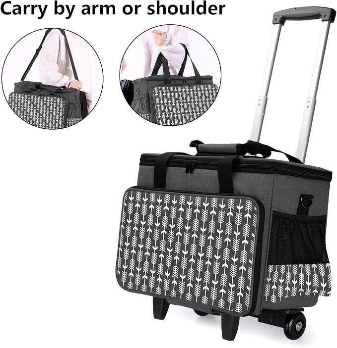 Yarwo Rolling Sewing Machine Carrying Case, Detachable Trolley Tote Bag with Removable Bottom Board and Thickened Trailer Leg for Most Standard Sewing Machine and Accessories, Black with Arrow