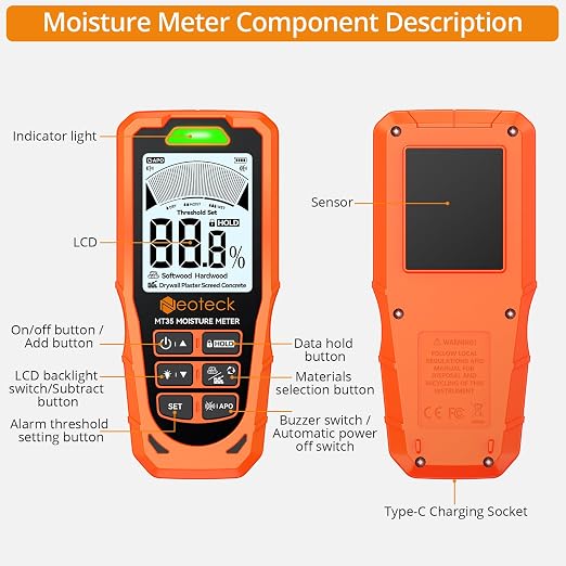 Neoteck 6 in 1 Pinless Moisture Meter 19mm Digital Moisture Detector ±2% Accuracy Wood Moisture Reader with Audible &Visual Alarm and 2.9inch LCD Display for Wood Wall Concrete Drywall Plaster Screed
