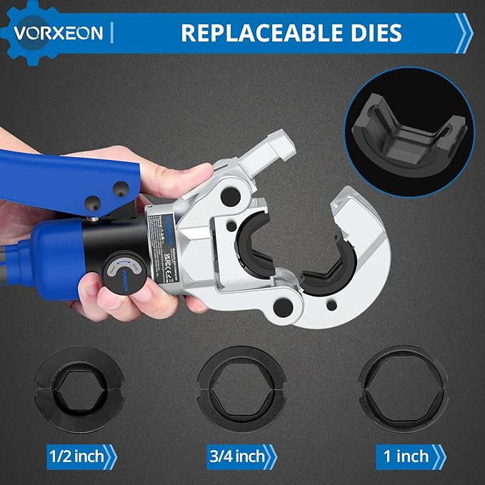 Copper pipe Pro press crimper 8 Ton Hydraulic Tube Fittings Crimping Tool with Vus Dies 1/2", 3/4", 1", 360° Rotating Head Storage Case For Plumbers, Electricians, HVAC Techs