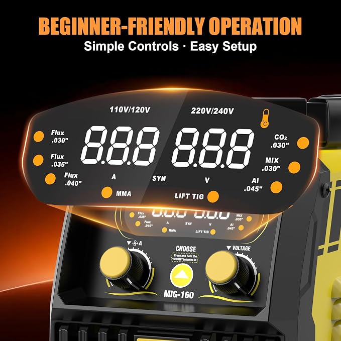 HIZONE 6-in-1 Aluminum MIG Welder, 160A Welding Machine 110V/220V, Flux Core MIG/Gas MIG/Lift TIG/Stick Welding Multiprocess Welder with Synergy, Ideal for Beginner