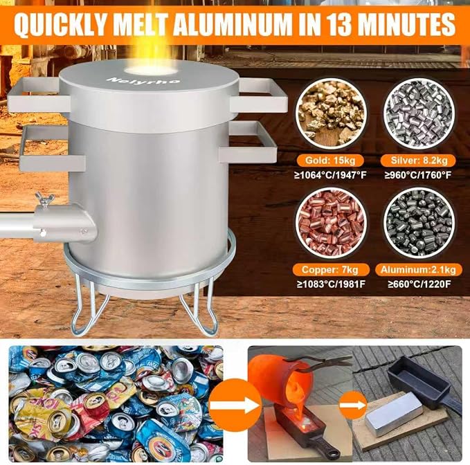 Nelyrho Propane Smelting Furnace Kit – 7kg Crucible, Support Stand, Tongs Included – Stainless Steel Foundry Melting Furnace for at-Home Metal Melting of Aluminum, Gold, Silver, and Copper Scrap