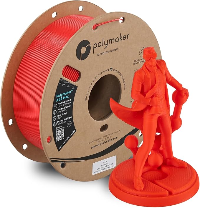 Polymaker ABS Max 3D Printer Filament 1.75mm, Red 1kg Engineering Grade ABS with High Heat Resistance and Enhanced Creep Resistance for Heated Chamber Printers