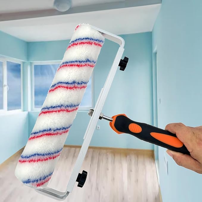 Paint Roller Kit with Extension Pole Adjustable Frame 12 Inch 18 Inch Microfiber Covers, Extra-Large Stain Roller Brush Tray Liner Set for Walls Ceilings Interior Exterior Painting