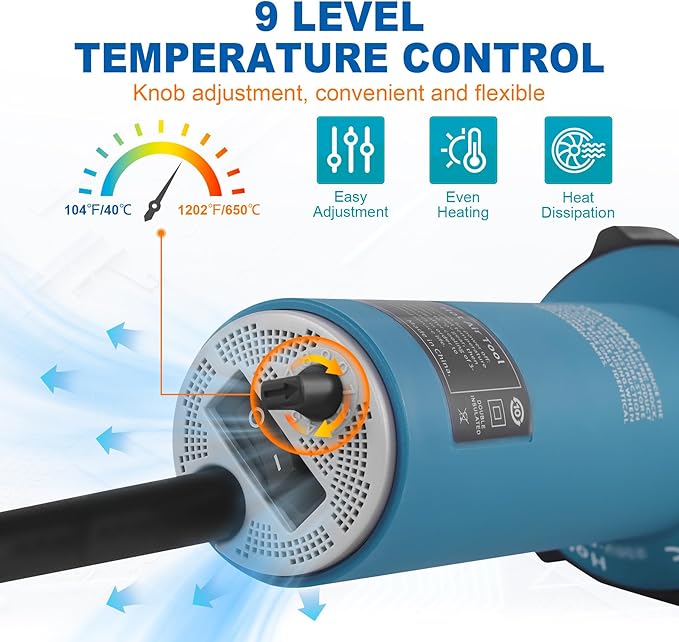 1600W 110V Hot Air Welder Heating Gun, TPO PVC Vinyl Welding Kit with Welding Speed Nozzle Roller Rod, 40-600℃ Adjustable Temperature, Handheld Hot Air Torch Plastic Welding Gun Blue
