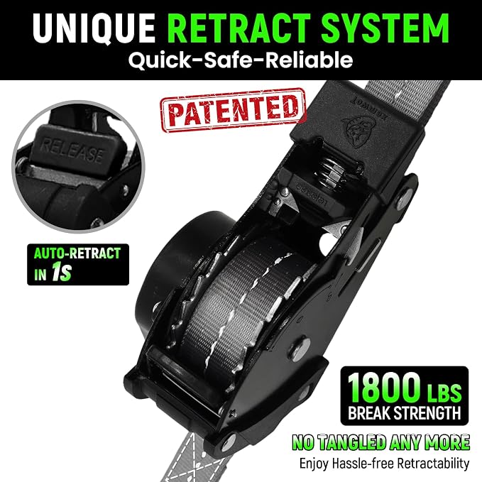 Retractable Ratchet Straps (Patented-4pack) - 1 inch x 10Feet (1,800lb Break Strength) Auto Self Retracting Tie Down Straps - Self Retractable Straps with Refletcive for Motorcyle, Truck or Cargo