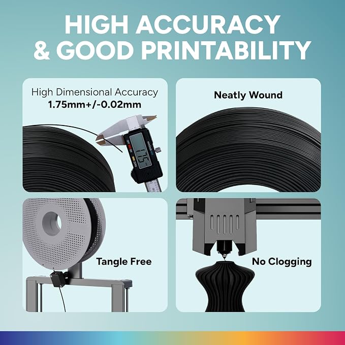 OVERTURE 2KG Bundle High Speed PLA Filament Refill 1.75mm 3D Printer Filament, 2 Pack 1kg (2.2lb) Refilament for Bambu Lab Reusable Spool, Fit Most FDM 3D Printers (Black*2)