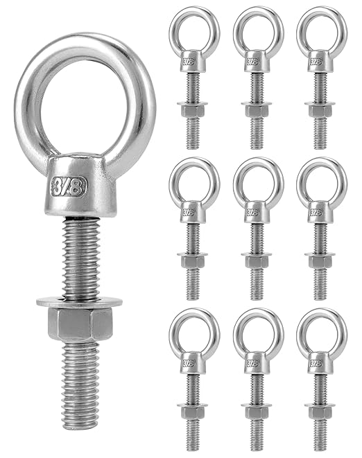 QWORK Threaded Eyebolts, 10 Pack 3/8" x 2" Long 304 Stainless Steel Marine Grade Shoulder Eye Bolt