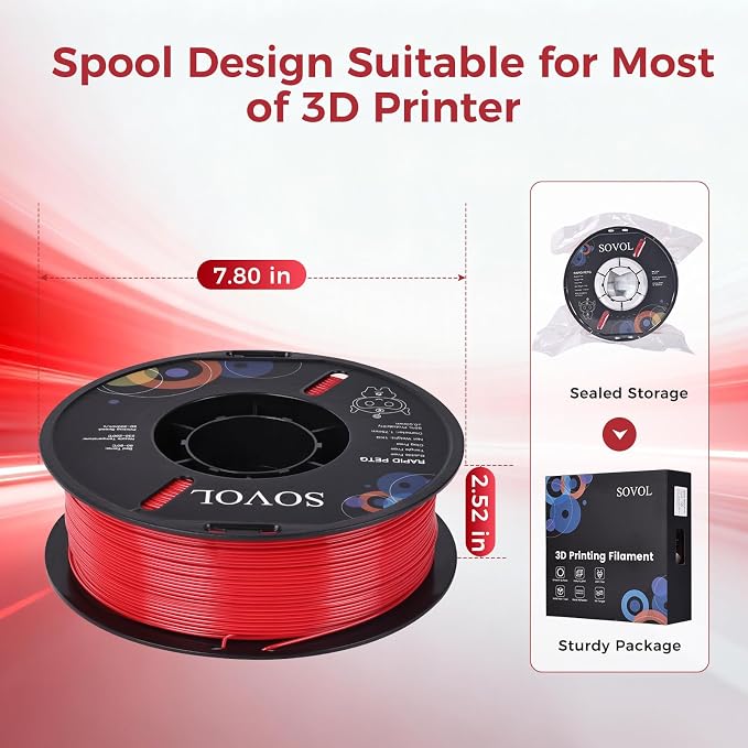 Sovol 3D Printer Rapid PETG Filament 1.75mm 1KG (2.2lbs), High Precision, Strong Toughness, Wiring Tightness, Dimensional Accuracy +/- 0.03 mm, 3D Printing High Speed PETG Filaments, Red