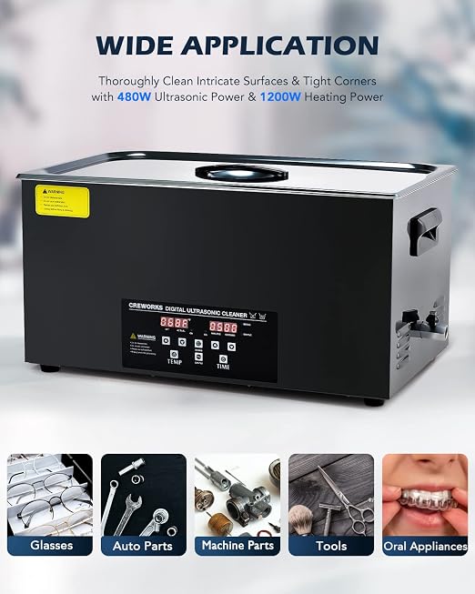 CREWORKS 22L Digital Ultrasonic Cleaning Machine with Degas and Gentle Mode, 480W Ultrasonic Cleaner Machine with Heater and Timer, 5.8 gal Ultrasound Cleaner for Retainer Watch Auto Tool Machine Part