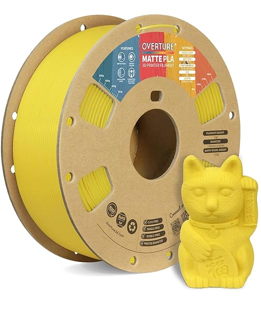 OVERTURE Matte PLA 1.75mm, Low Warp & Smooth Finish 3D Printer Filament | Frosted Matt Finish Hides Layer Lines, 1kg Spool (2.2lbs) Cardboard Spool, Fit Most FDM Printer (Matte Yellow)