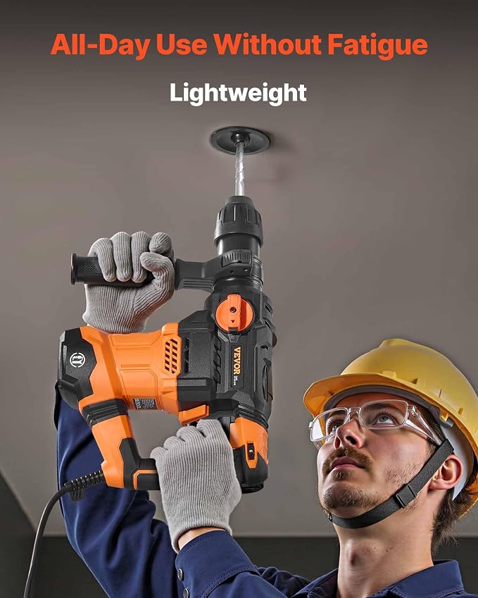 VEVOR 1-1/4 Inch SDS-Plus Rotary Hammer Drill, 13 Amp Corded Drills, Heavy Duty Chipping Hammers w/Vibration Control & Safety Clutch, Electric Demolition Hammers Variable Speed, Power Tool For Concret