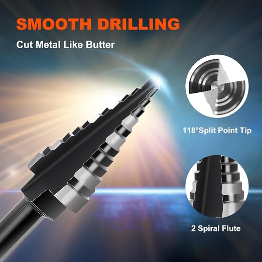 COMOWARE Step Drill Bit, 12 Sizes from 3/16" to 7/8", High Speed Steel Step Bit with 2 Straight Flutes, 3-Flat Shank, Steps Bits for Metal, Aluminum/Wood/Plastic/Iron, Unibit for Electricians & DIY
