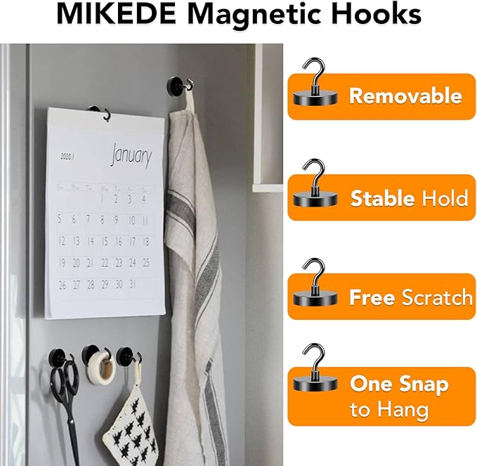 MIKEDE Magnetic Hooks 150LB Super Strong Magnet Hooks | Heavy Duty for Cruise Essentials Black Neodymium Earth Magnets with Hook for Hanging Metal Hanger for Fridge Toolbox 4 Pack