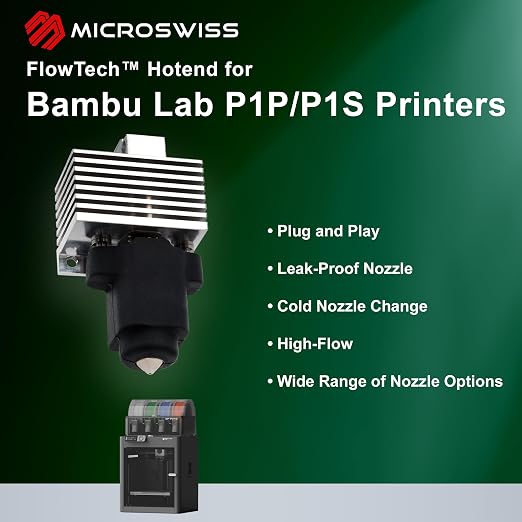 Microswiss FlowTech™ Hotend for Bambu Lab P1P/P1S 3D Printers - Leakproof Nozzle - Cold Nozzle Change - High Flow CHT - Made in USA (FlowTech CM2 CHT - Hardened Tip - High Flow)
