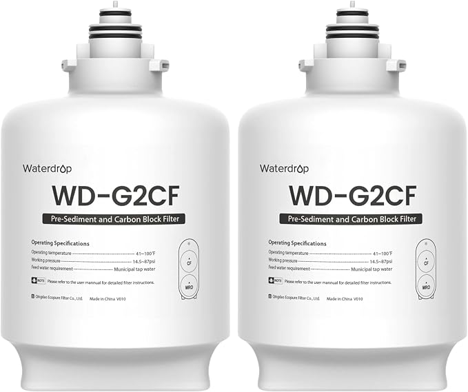Waterdrop G2-2CF Filter, Replacement for G2/G2P600/G2MNR RO System, 2-Pack | 12-Month Lifetime Each, Under-Sink Water Filter Replacement, Long Lifespan, High Capacity, Easy Replacement