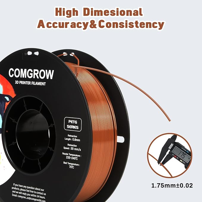 Comgrow PETG 3D Printer Filament 1.75mm, High Precision and Tough 3D Printer Filament 1kg (2.2LBS), Dimensional Accuracy +/- 0.02 mm, Fit Most 3D Printers Brown