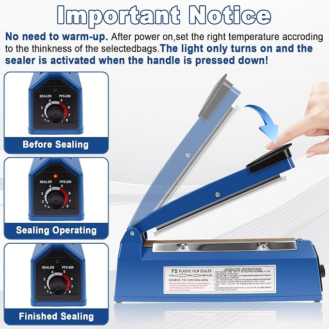 8 Inch Impulse Sealer, Manual Heat Sealer Machine for Mylar Bags, Shrink Wrap Bag Sealers Sealing Machine for Plastic PE PP Bags with 3 Free Replacements Kit Element Grip, Blue