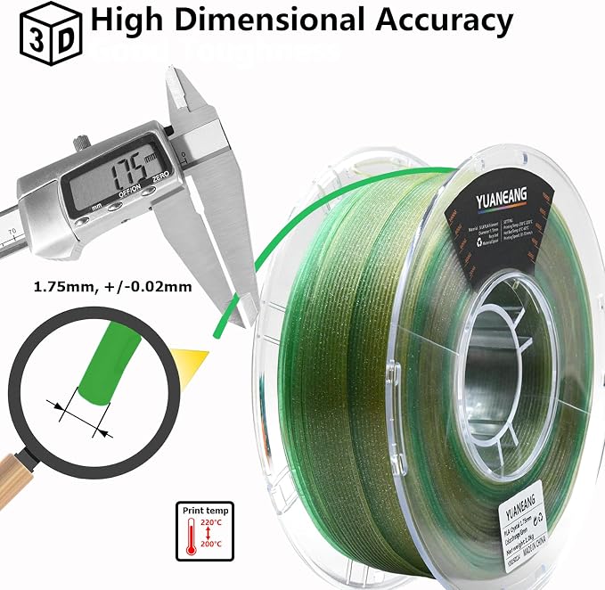 Crystal Orange-Green Gradient PLA Filament 1.75mm, 1kg Spool, Dual-Color Transition (Orange to Green), Semi-Transparent Crystal PLA, Smooth Color-Blending, ±0.03mm Precision, Easy Printing