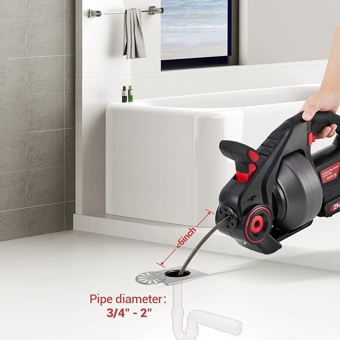 22V Cordless Electric Drain Auger, Automatic Drain Snake Cleaner Machine with 25Ft Flexible Steel Cable, Power Pipe Clog Remover Tool for 3/4" to 2" Pipes, Battery, Charger & Carrying Bag Included