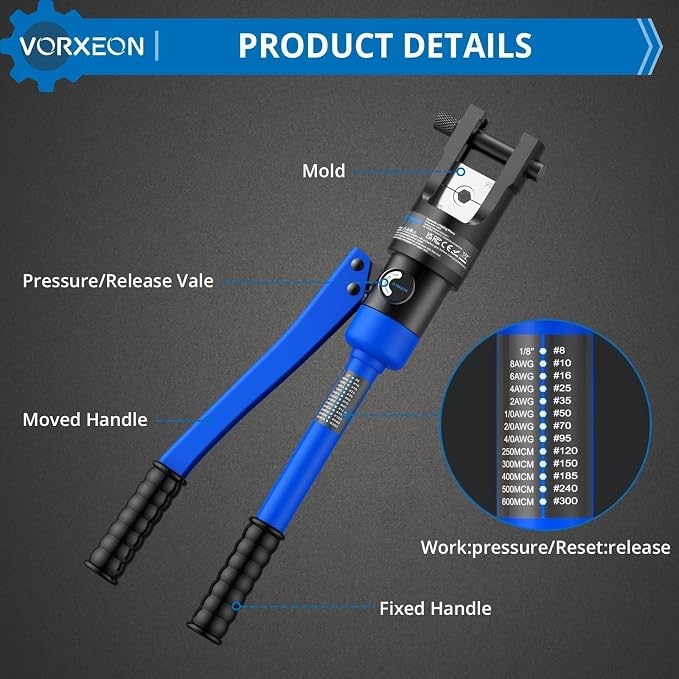 12 US TON Hydraulic Crimping Tool With Cable Cutters 10" And 13 PCS dies 1/8", 8 AWG - 4/0 AWG, 250 MCM - 600 MCM For hydraulic punch For Battery terminal crimper