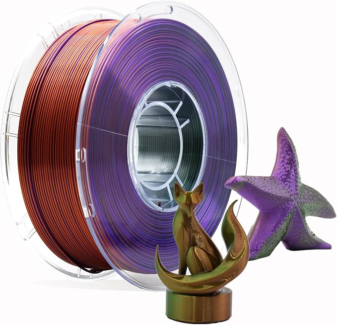 SilkTriple-Color PLA Filament 1.75mm Green-Purple-Copper, ±0.03mm Precision, 1kg Spool (2.2 lbs), Smooth Multi-Tone Gradient PLA, Neatly Wound & Compatible with Most 3D Printers