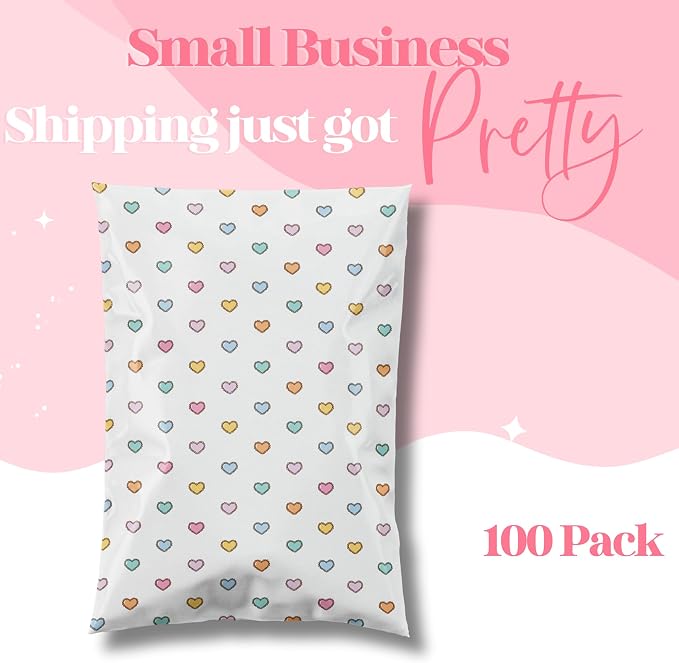 Pretty Package Store Designer Poly Mailers 6x9, Preppy Hearts, 100 Pack | Heavy Duty, Waterproof, Self Seal, Tear Resistant, Shipping Bags for Small Business Packaging, Bulk Mailing Envelopes