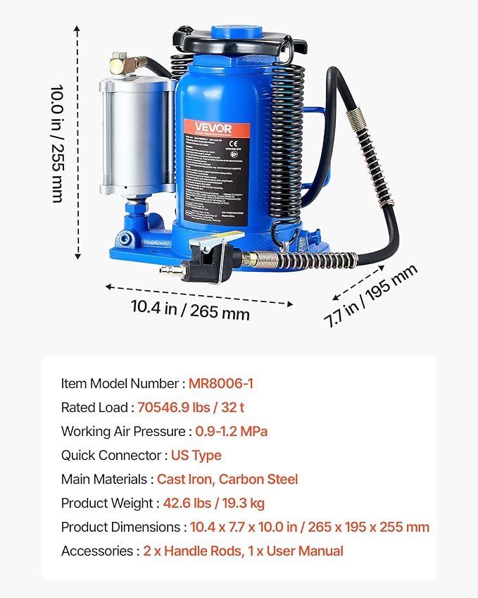 VEVOR Air Hydraulic Bottle Jack, 32 Ton/70500 LBS, Hydraulic Floor Car Jack with Manual Hand Pump, Heavy Duty Pneumatic Bottle Jack Hoist for Auto Truck Travel Trailer Repair Lift