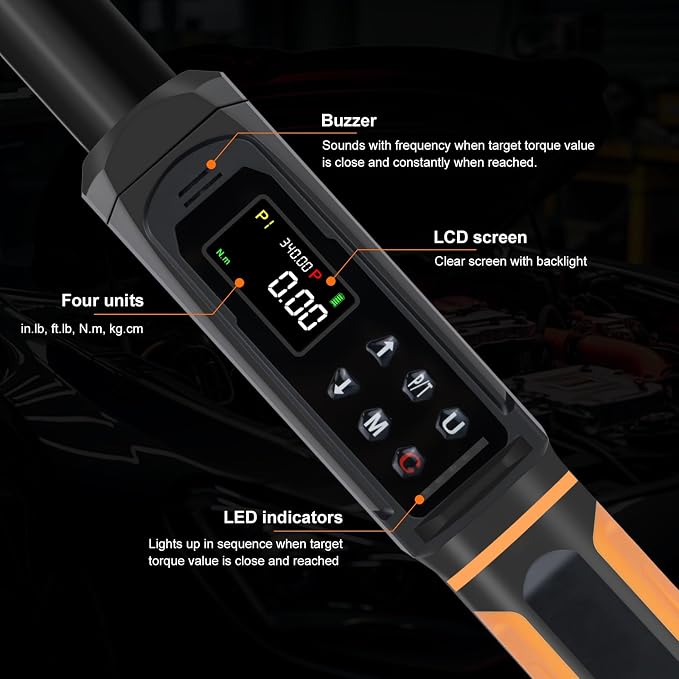 Uharbour Digital Torque Wrench 1/2 Drive, 3.8-250.8 Ft.lb Range, 1/2 Digital Torque Wrench ±1% Accuracy with Vibration, Buzzer and LED Alert, Suitable for Car, Motorcycle and Bicycle